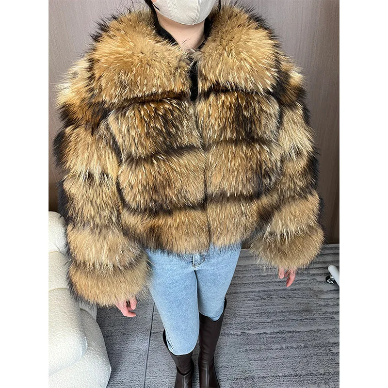 2025 Super Hot maomaokong Winter Women Luxury Thick Natural Real Raccoon Fur Coat Jacket Plus Size With collar Female Vest