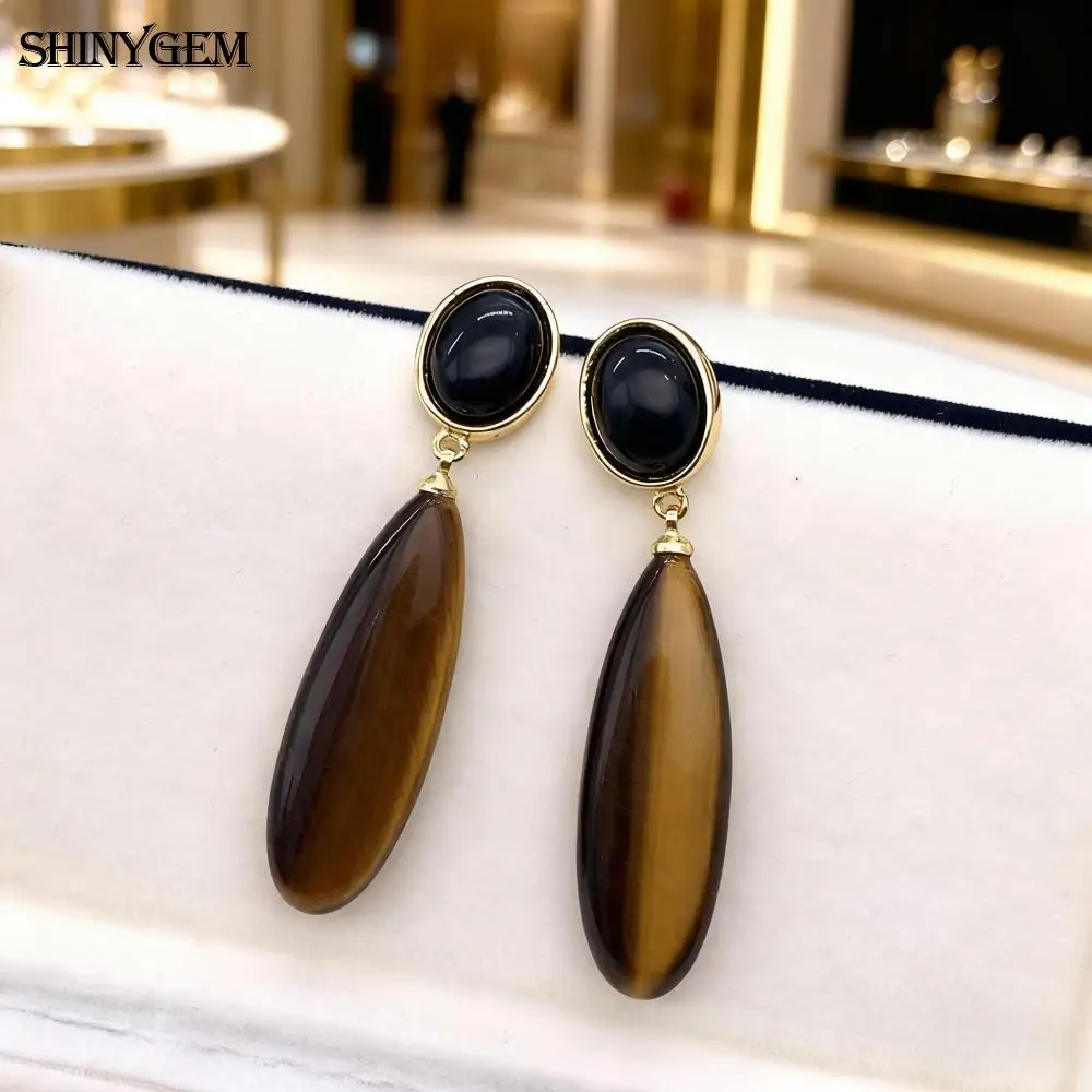 

SHINYGEM Pendant Earrings 925 Sterling Silver Women Natural Stone Strawberry Crystal Amazonite Obsidian Tiger Eye Gem Earrings