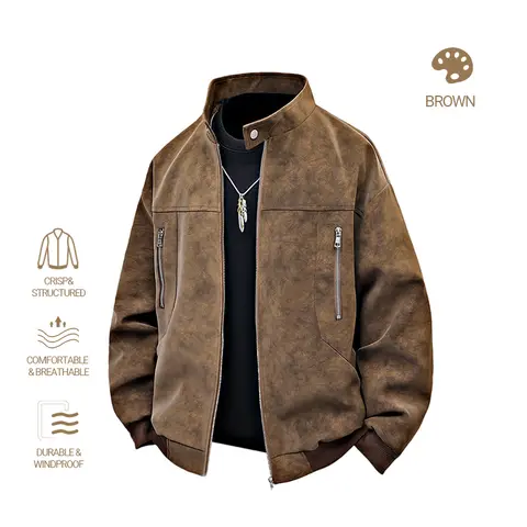 Men clothing PU Leather Jacket for Men winter Fashion Stand Collar Vintage Style Loose Versatile Casual Tie-Dye Men's Jackets