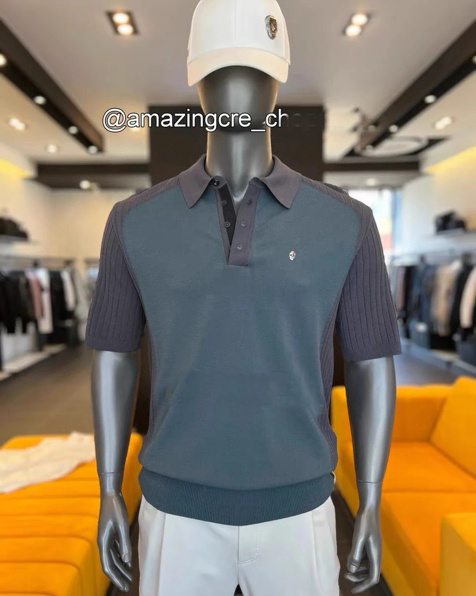 New Summer Golf Clothing Men's Trendy Cool Collar Cold Sensation Color Blocked Knitted Shirt Top Short Sleeve T Shirt