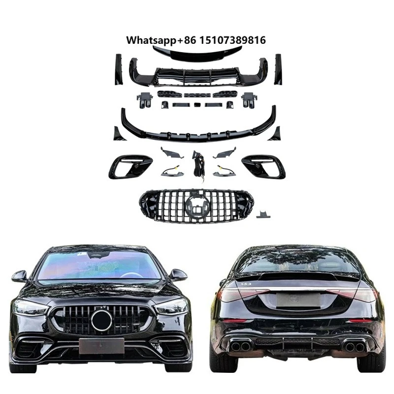 For 21-24 W223 S63 Upgrade BS BRIGHT BLACK FRONT LIP FOG LAMP VENTS CORNER WRAP DIFFUSER TAIL WING