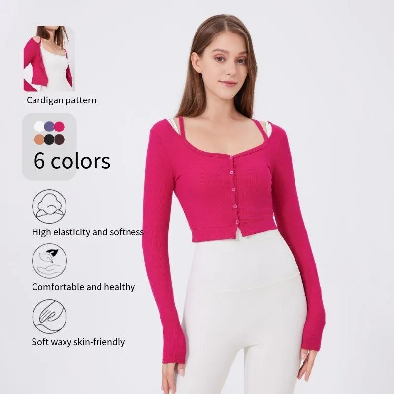 

Women's slim yoga clothes solid color long sleeved sportswear sexy slimming threaded running fitness clothes Female cardigan top