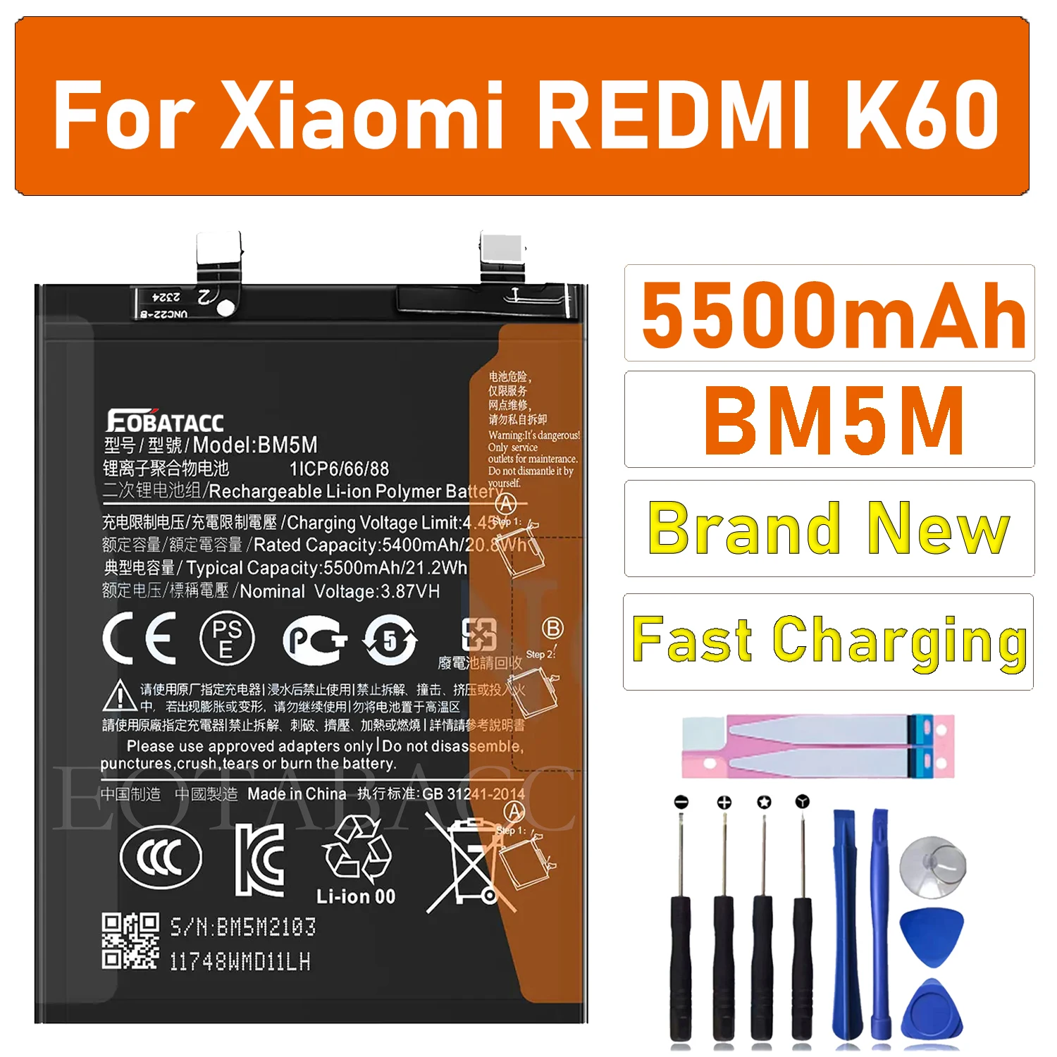 

2025 Years EOBATACC 100% New Mobile Phone Battery For Xiaomi Redmi K60 Reliable Power Supply BM5M 5500mAh