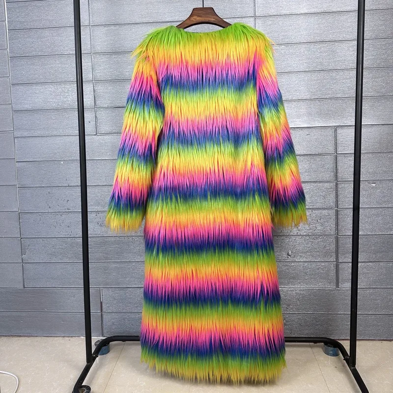 Women's Clothing Fur Faux Fur Long Version Coat Rainbow Colours Goat Wool Warm Fashionable Comfortable Leather Jacket
