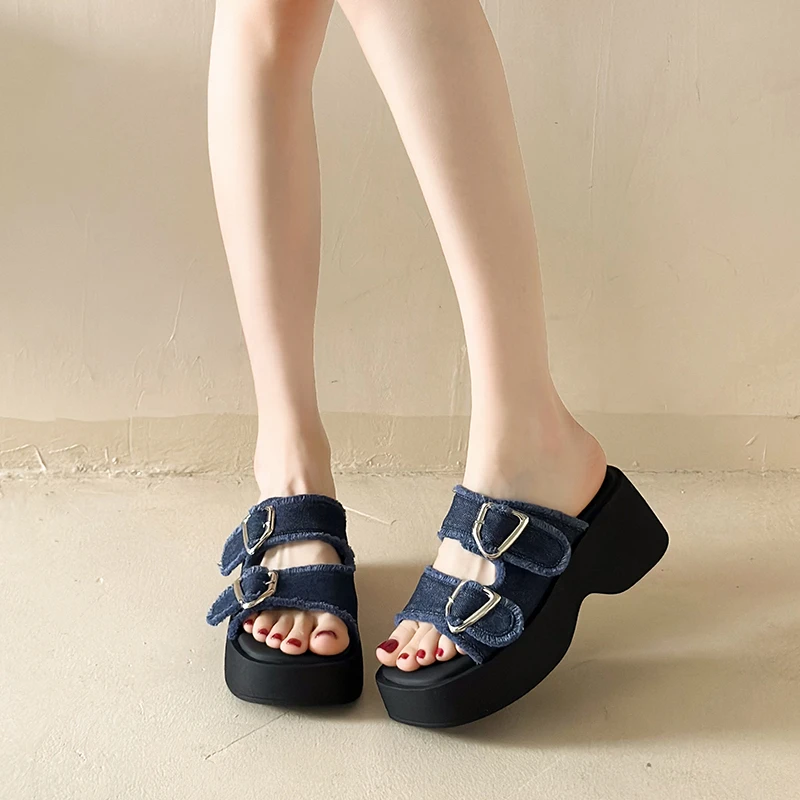 Women's Shoes 35-40 Platform Denim Slippers New Street Trend High Heels Outdoor Sandals High Quality Comfortable Casual Shoes
