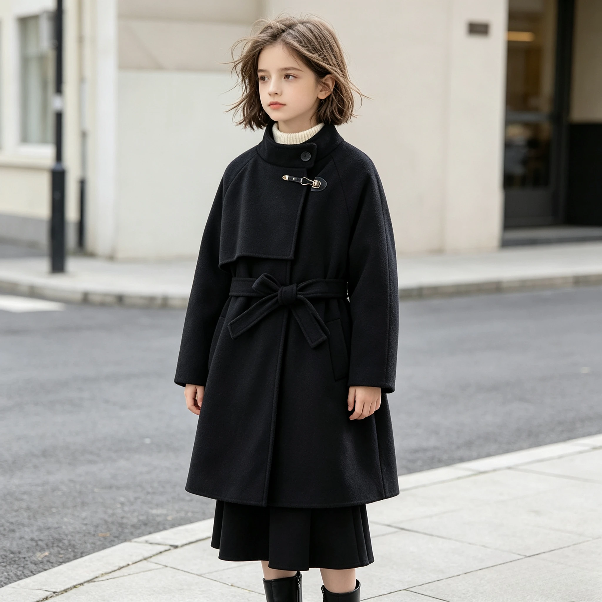 Winter Girls Wool Coat Long Double-faced Tweed Overcoat for Kids Fashion Casual Grey 10 12 14 Years Teenage Children Outerwear