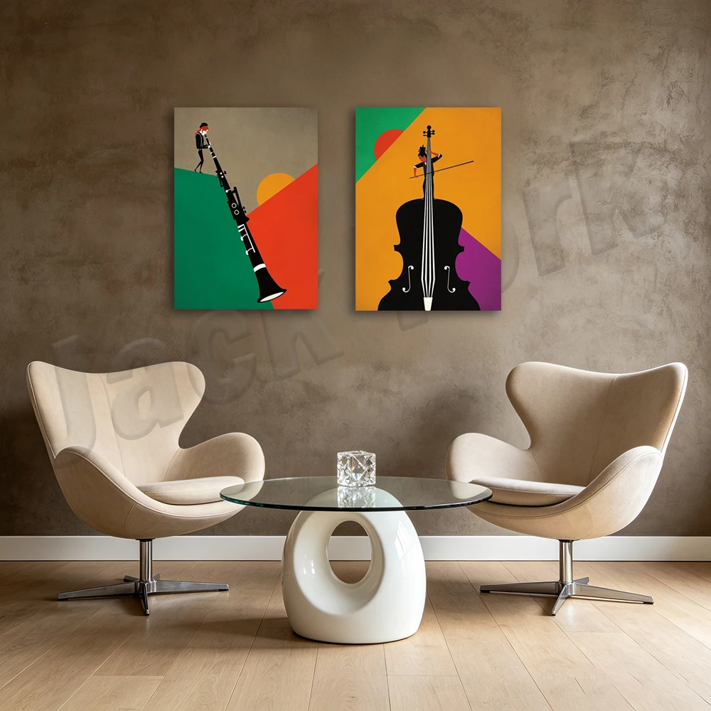 Classical music poster, double bass, colorful trumpeter, jazz, clarinet, double bass, drummer, gong music MCM poster, Chinese ar