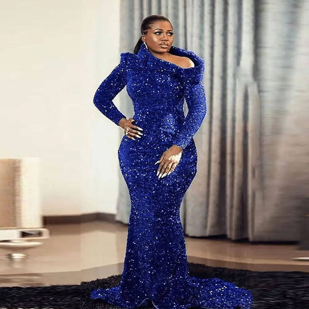 Vestidos de noite africanos plus size, decote sereia, mangas compridas, lantejoulas até o chão, vestido de baile, vestidos de festa formais, azul royal