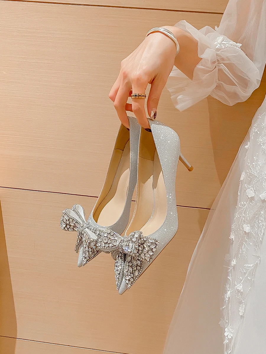 Woman shoes 2024 luxury women's shoes New Shiny Butterfly-knot Cinderella Rhinestone Leather High Heels Women Pumps Pointed toe