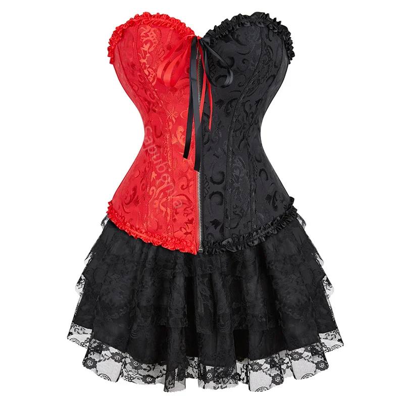 Corset Dress Skirt Tutu Mini Set Bustier Plus Size Lace Up Gothic Victorian Vintage Sexy Burlesque Renissance Korsett Black Red