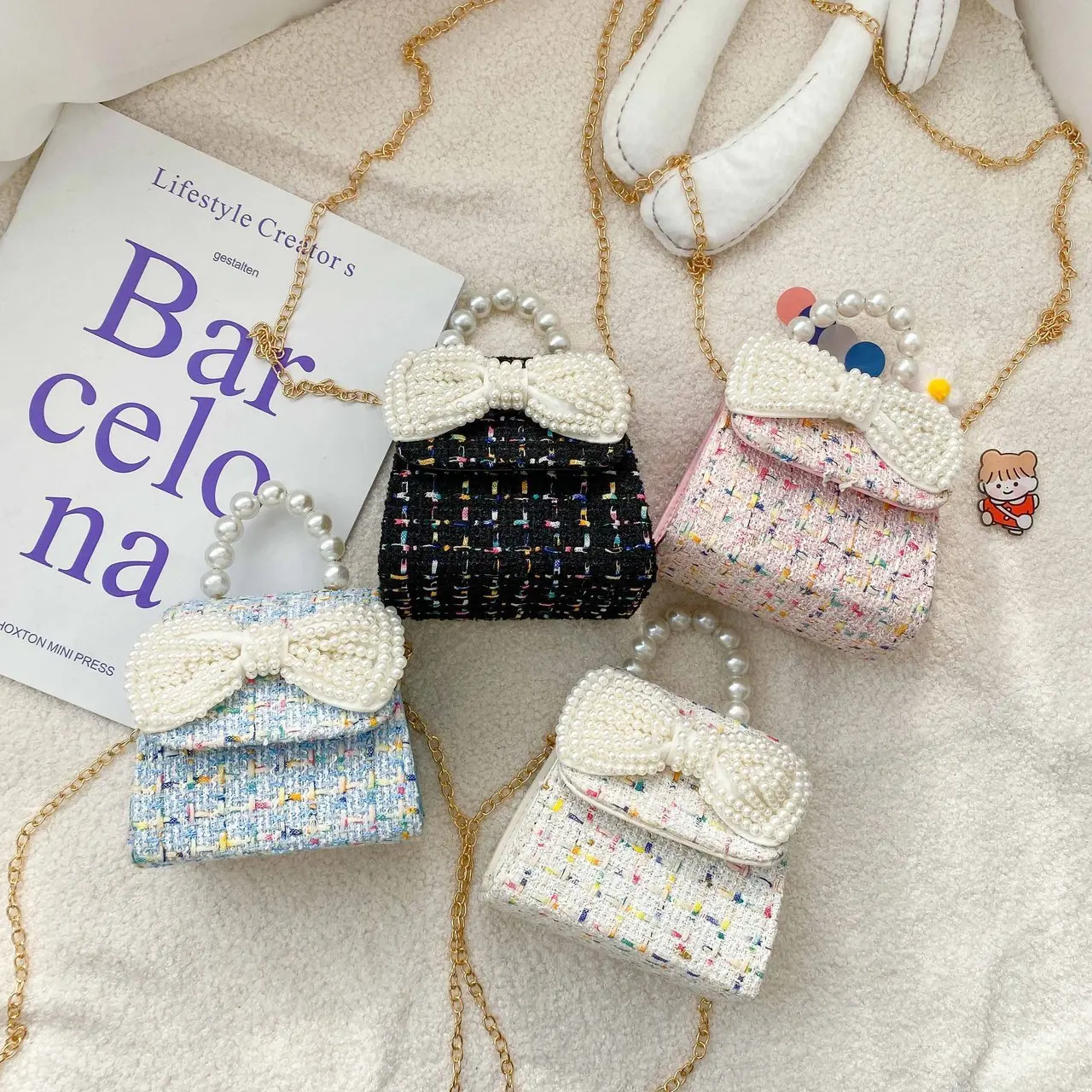 New Children's Bowknot Bag Cute Girl Pearl Handbag Toddler Shoulder Bag Mini Princess Accessory Chain Crossbody Bag KBG073