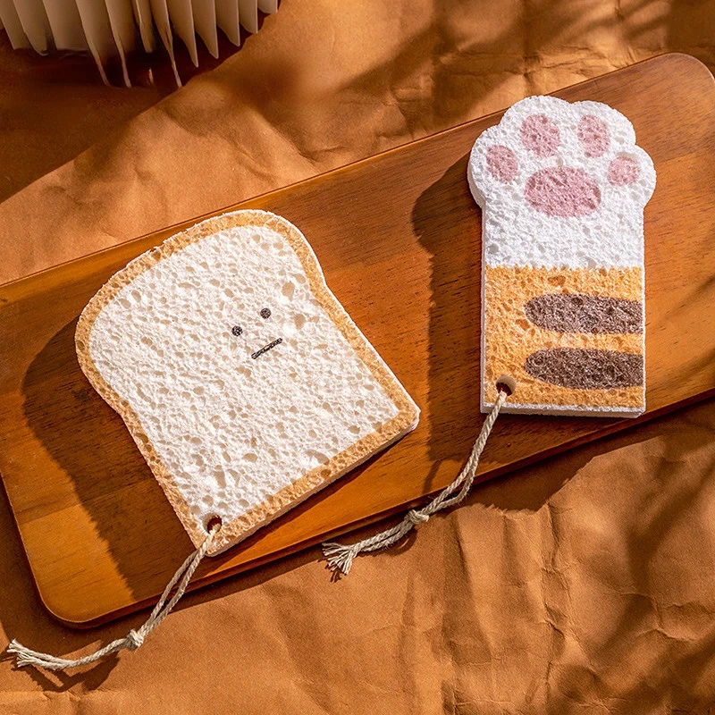 2pcs  Cute Toast Bread Shape Wood Pulp Cotton Rag Kitchen Dishwashing Dish Towel Wipe Scouring Pad Magic Eraser Sponge Wipe Dry