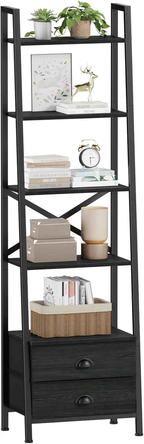 

5-Tier Ladder Shelf with 2 Drawers, Narrow Bookcase Storage Rack, Black Oak Wood Metal for Bedroom, Living Room, Office