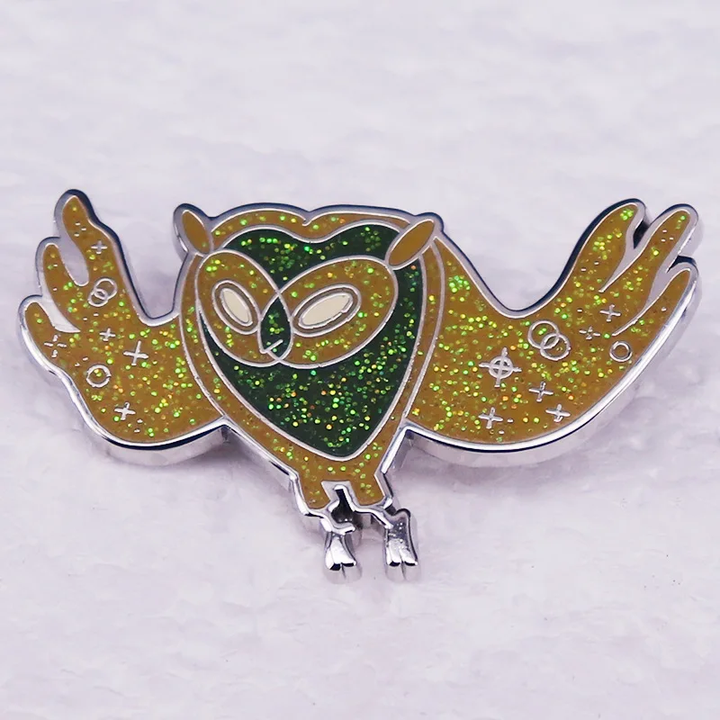 1pc Mystical Glitter Owl Enamel Pin Witchcraft Symbol Brooch Green Gold Silver Plated Badge Jewelry Gift