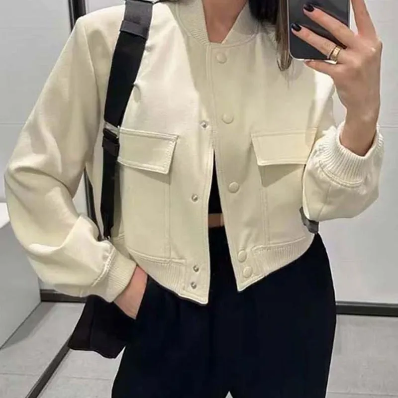 Chaqueta Bomber de manga larga para mujer, abrigo corto ajustado con botones, Tops elegantes informales, ropa de calle TRAF