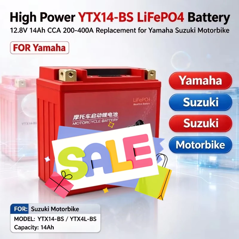 High Power YTX14-BS LiFePO4 Battery 12.8V 14Ah CCA 200-400A for Yamaha Suzuki Motorbike