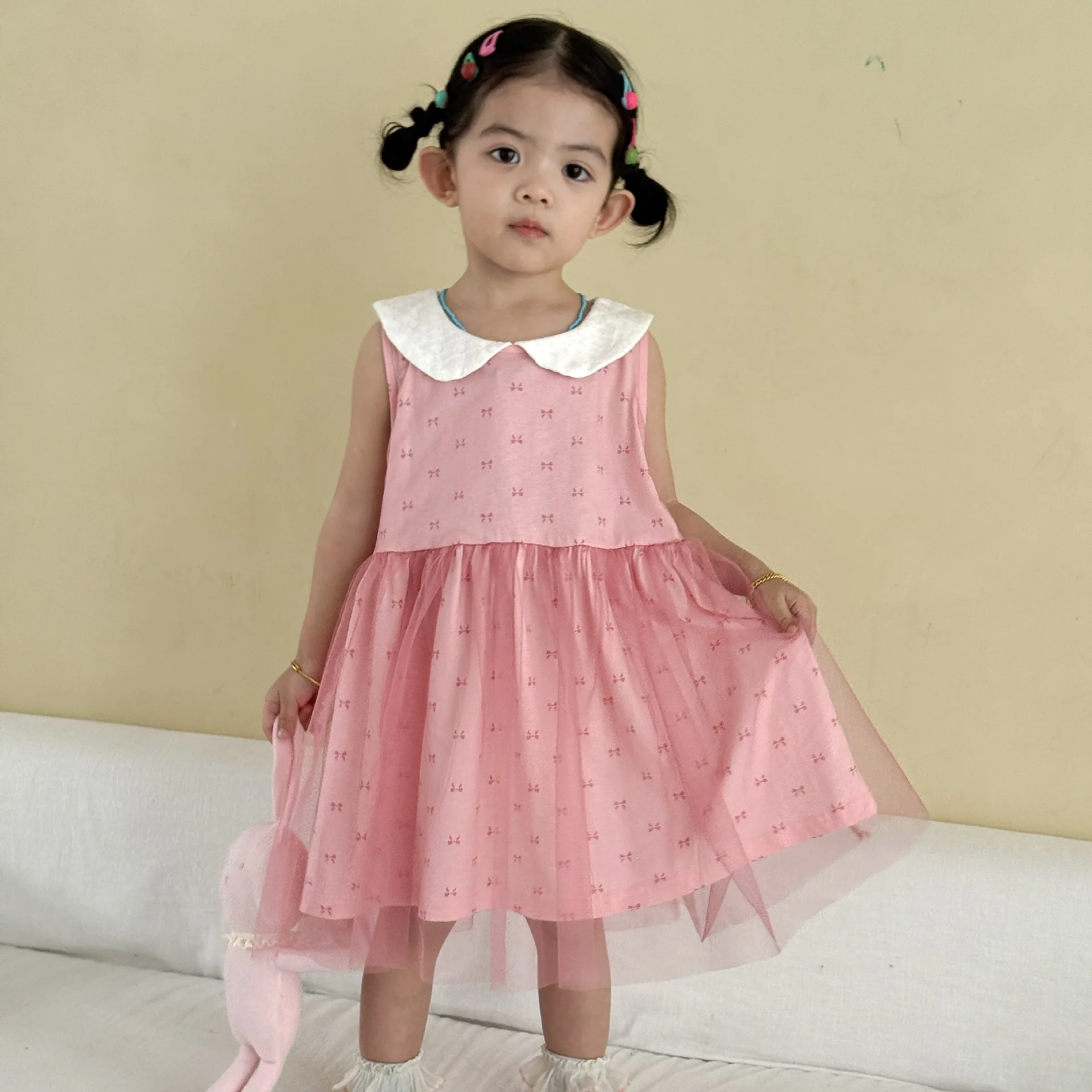 

2026 Summer New Girls Vest Dress Children Sleeveless Peter Pan Collar Mesh Dress Baby Girl Sweet Bow Print Princess Dress