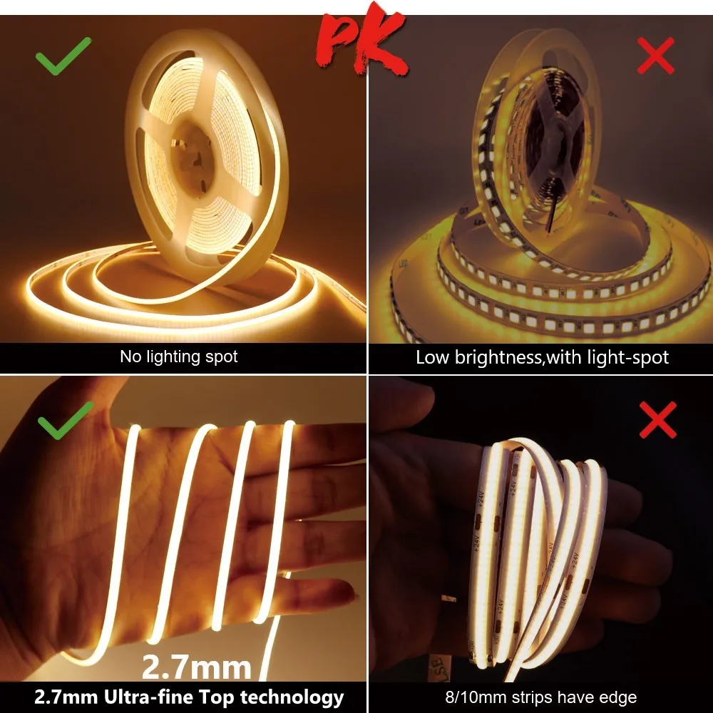 Superfine 2.7mm COB LED Strip 480 LEDs Soft Flexible 12V 3000K 4000K 6500K White Color LED Lighting Tape for Home Kitchen Decor