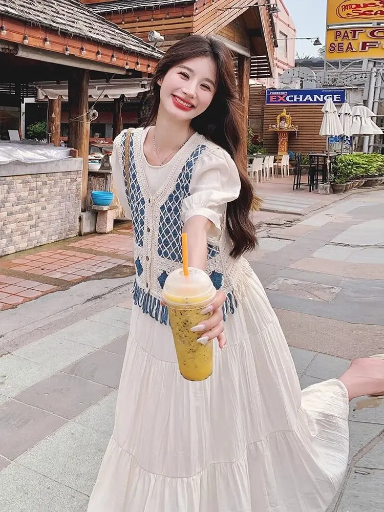 โบฮีเมียนชาติพันธุ์ถักเสื้อกั๊กเปิดเสื้อสเวตเตอร์ถักผู้หญิงฤดูร้อนน้ําหนักเบาเสื้อกั๊ก Hollow OUT Lace Fringed เสื้อแขนกุด