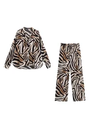 KAOPU ZA Women animal printed lapel shirt and drawstring elastic waist wide-leg trousers two pieces sets mujer