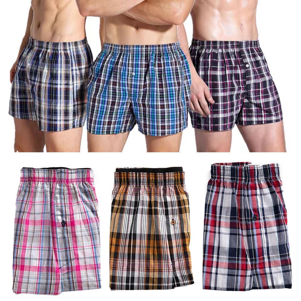 1pcs Mens Cotton Underwear Oversized Casual Breathable Underpants Stripes Plaid Boxer Briefs Random Color Woven Short Pants