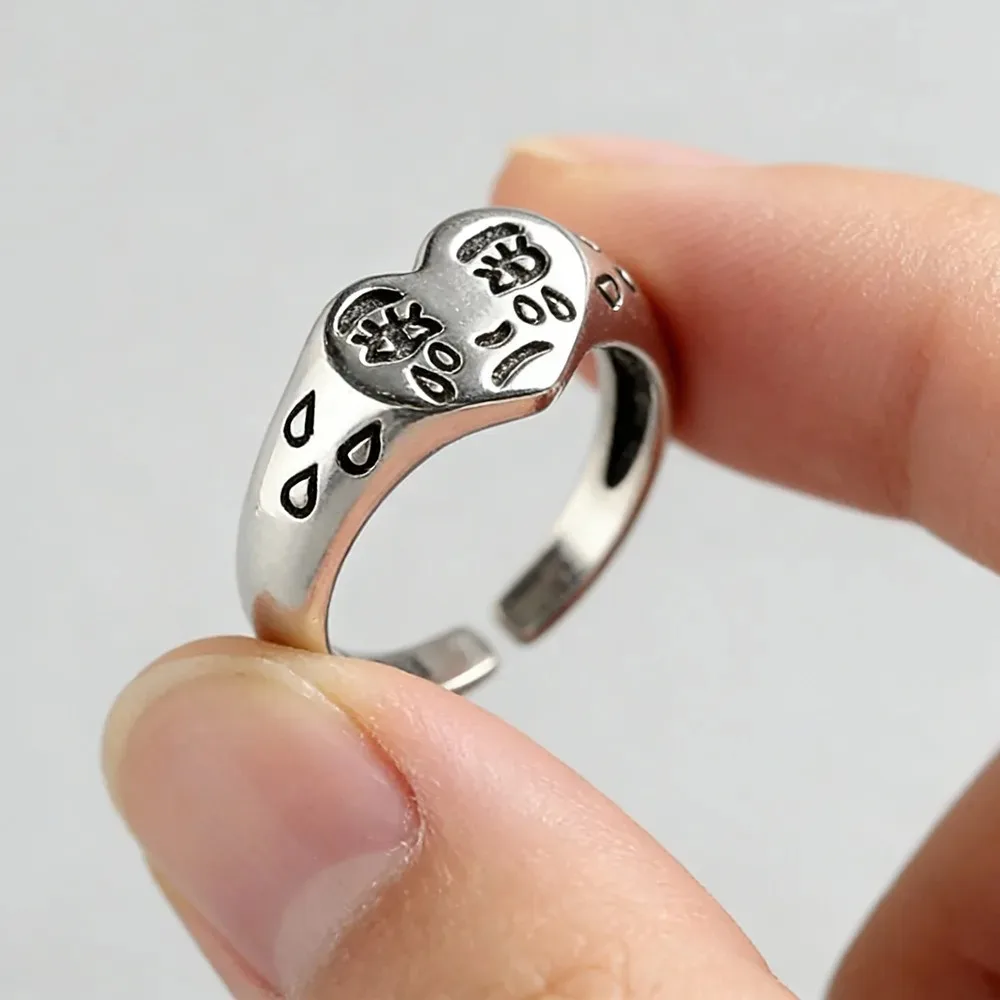 Unisex Retro Heart Crying Face Open Ring, Silver Punk Gothic Adjustable Open Band Ring, Handmade Designer Jewelry for Men Women