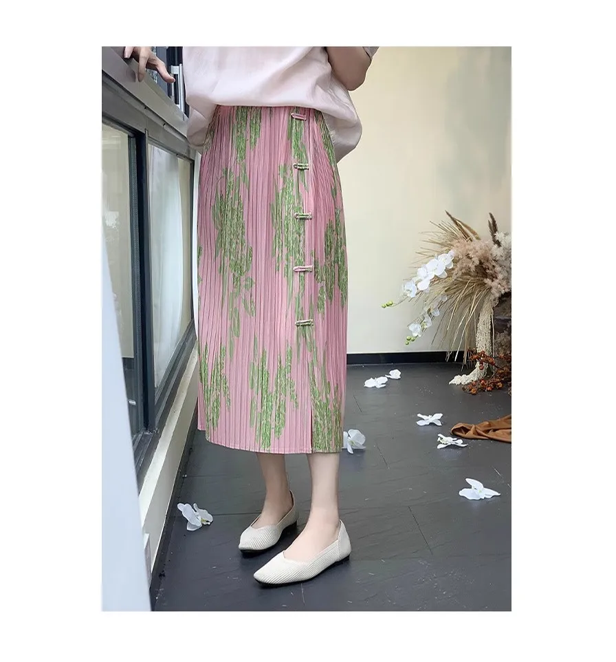 

Women's Summer Fashion High Waist Elastic Waist Pleated Floral Print Beach Vacation Skirt with Side Split