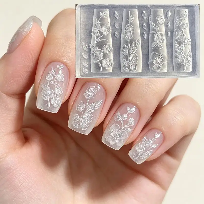 1Pcs Guofeng Button-shaped High-transparency Nail Art Silicone Mold, Plum Blossom Leaf Engraved Tool, Wearable Nail Decoration,