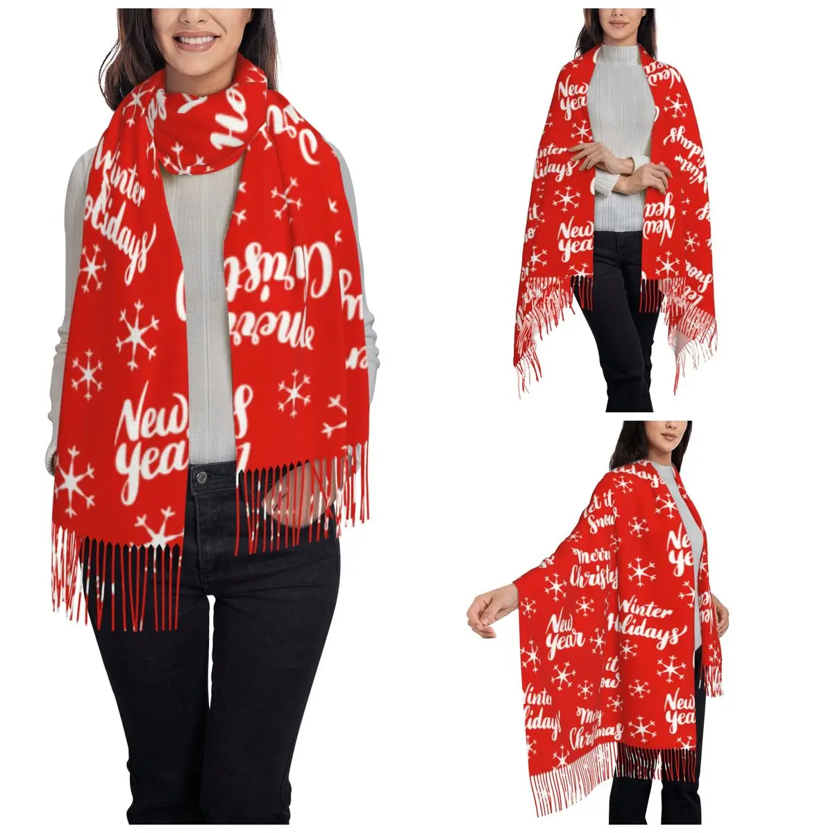 Women's Scarf with Tassel Christmas Lettering Pattern Large Soft Warm Shawl Wrap New Year Reversible Pashmina Scarves