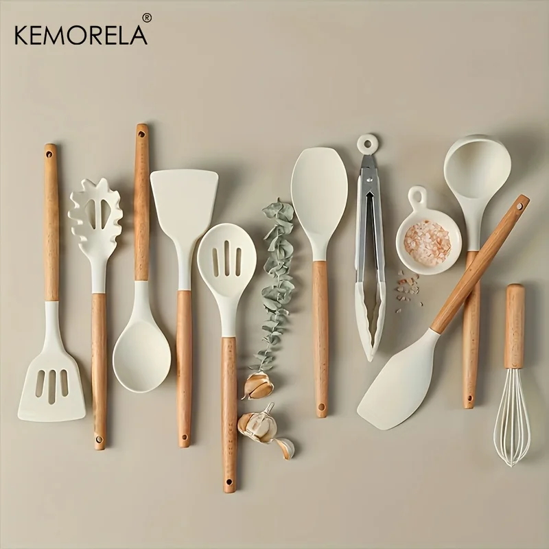 KEMORELA 10-teiliges Silikon-Kochutensilien-Set, hitzebeständig, antihaftbeschichtet, mit Holzgriff, inklusive Spatel, Wender, Löffel, Zange, Schneebesen