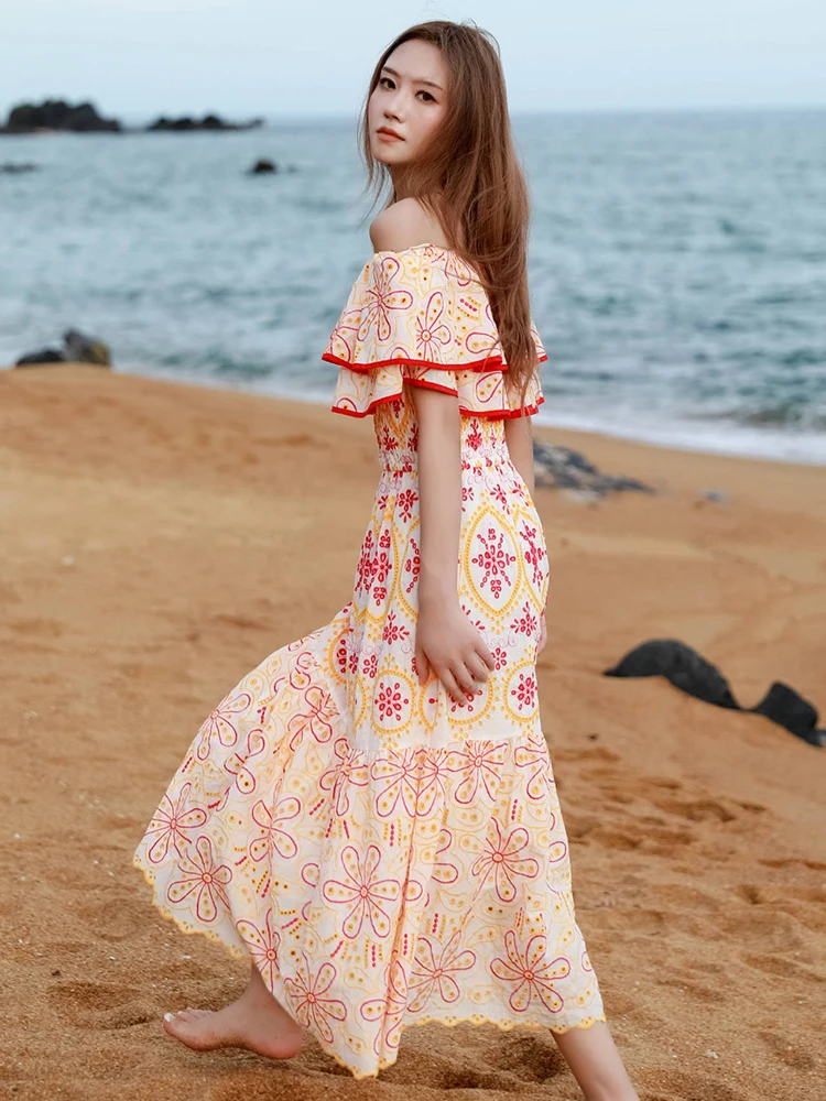 

Jastie 2023 Summer Bohemian Dresses Women Seaside Resort Style Long Dress Ruffle Slash Neck Elastic Waist Embroidered Dress