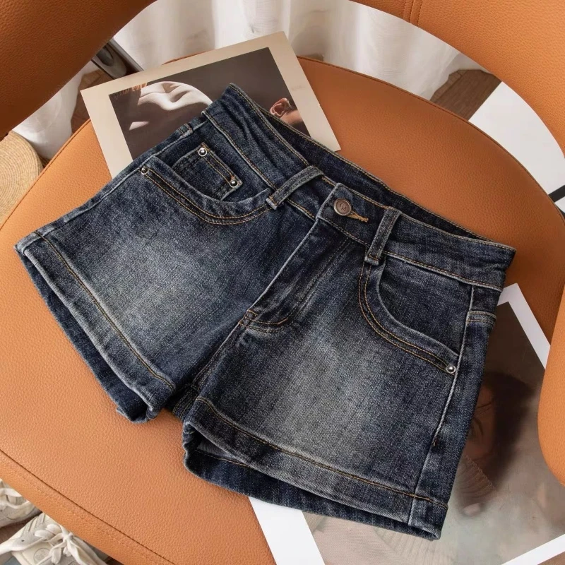 HOUZHOU Vintage Y2k Denim Shorts Women Sexy Spicy Girl Embroidery Shorts Punk Retro Low Waist Distressed Short Jeans Streetwear