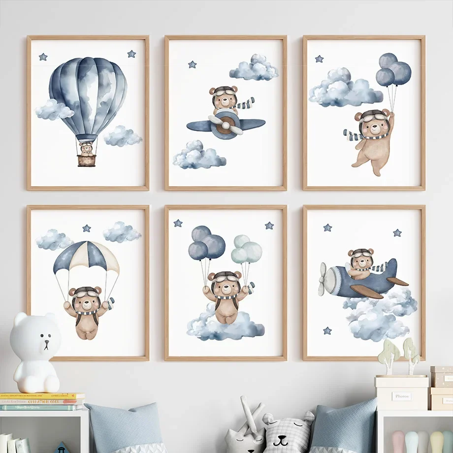 Boho Bär Flugzeug Heißluftballon Wolke Kindergarten Poster Wand Kunstdruck Leinwand Malerei Baby Kinderzimmer Dekoration Bild