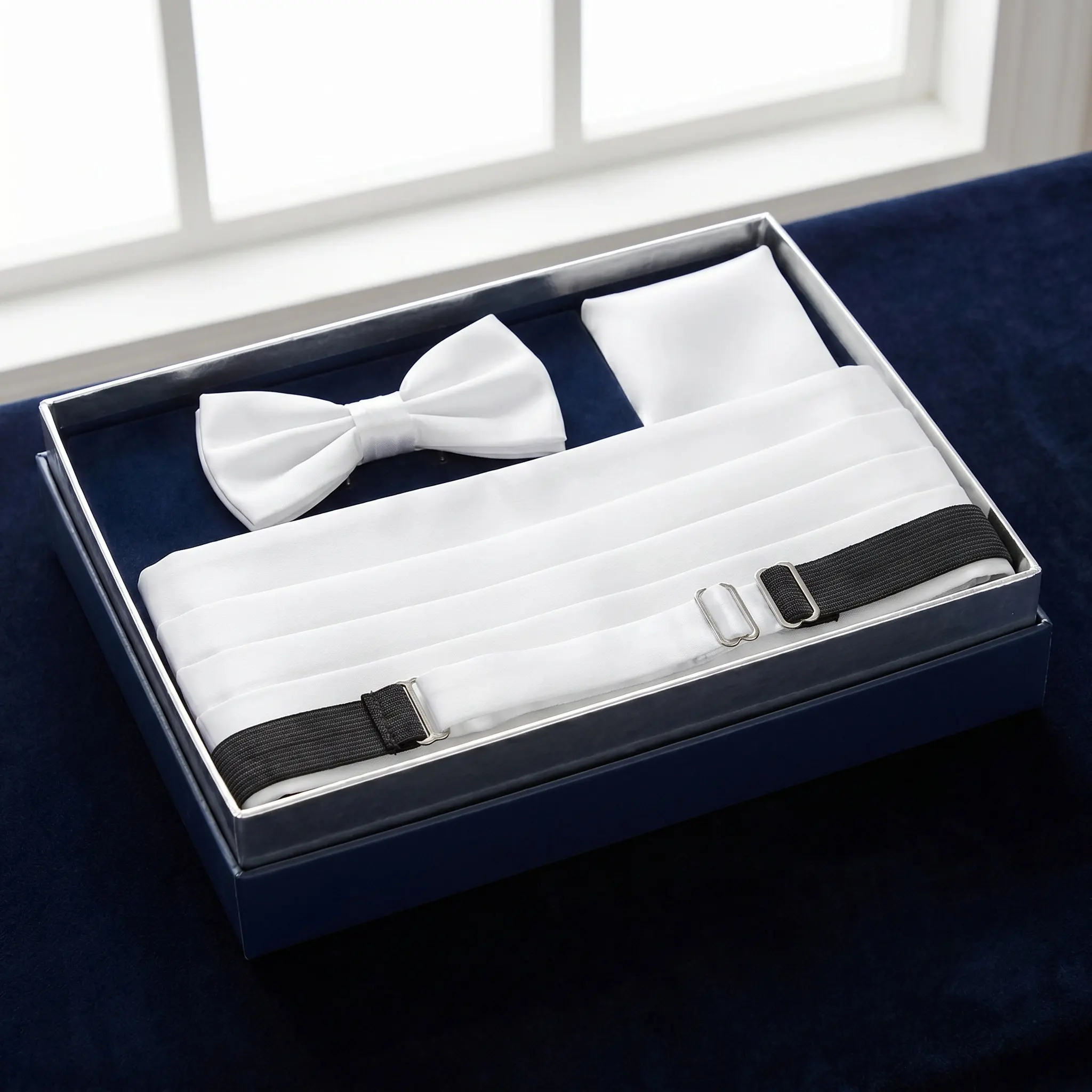 1Set Formal Men's Bow Tie Cummerbund Pocket Square Set Satin Finish Elegant Minimalist Tuxedo Outfit for Wedding Prom Ceremony