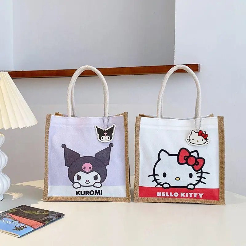 

Sanrio новая сумка для обеда Hello Kitty Cinnamoroll Kuromi мультфильм мелодия льняная сумка-тоут для офисных работников большой емкости портативный подарок для девочек