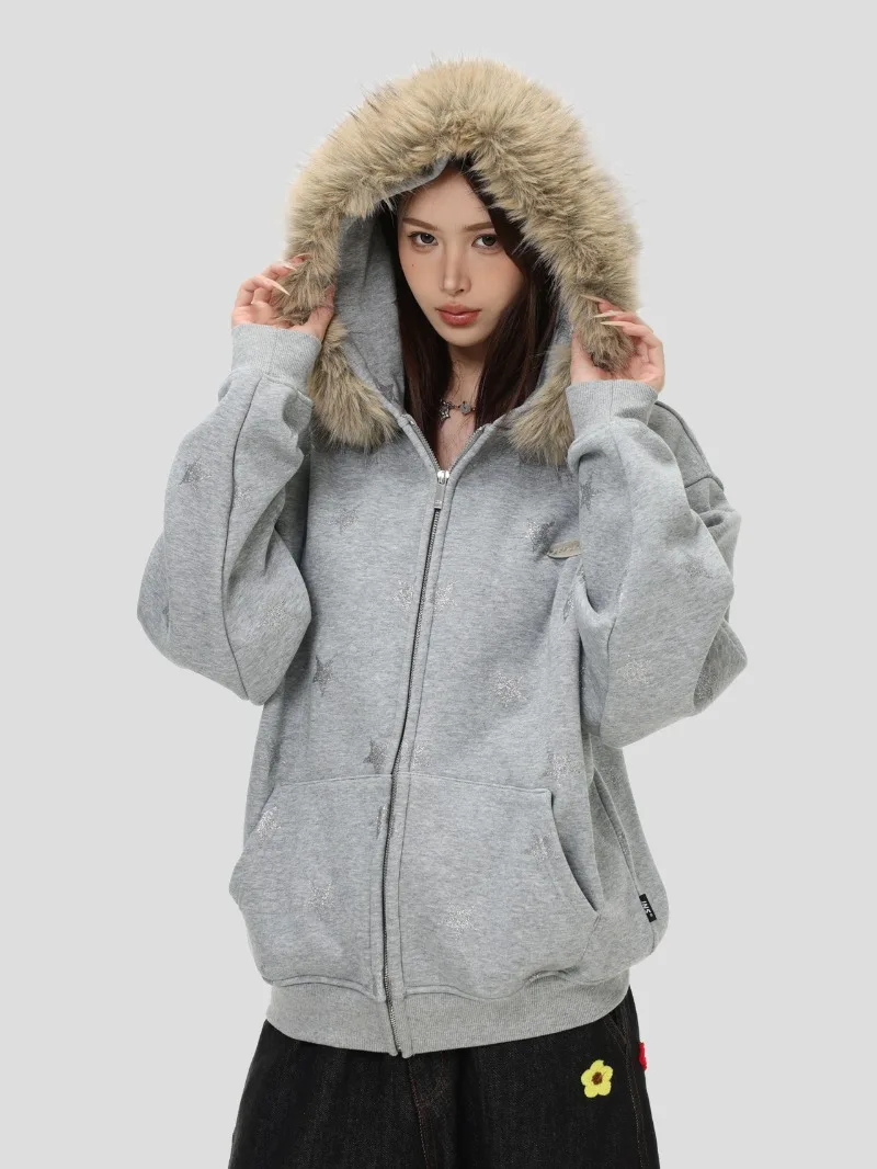 American Retro Fashion Trend Star Print Fleece Hoodie Loose Casual Zipper Jacket Unisex