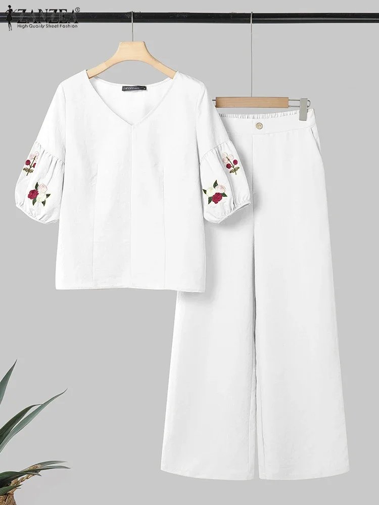 

ZANZEA 2025 Women Pant Sets Summer Casual Vintage 2PCS Fashion Two-piece Outfits Half Sleeve Embroidery Tops Elastic Waist Pants