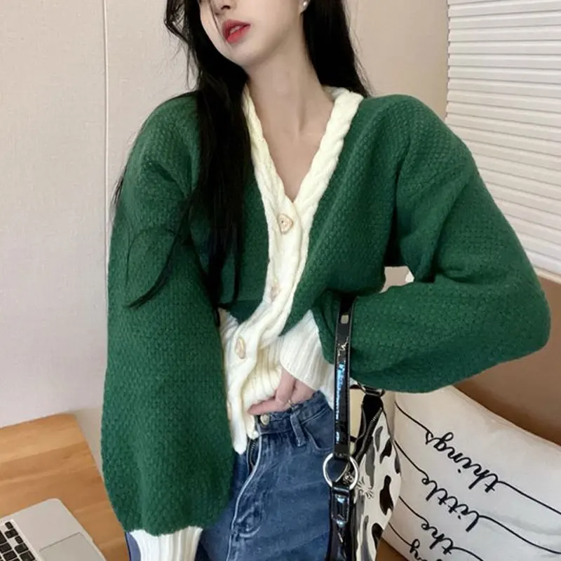 

Vintage Contrasting Colors Knitted Cardigan Autumn Winter Hong Kong Style Women's Clothing Casual V-Neck Slim Patchwork Sweaters