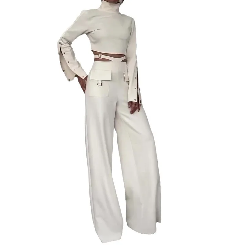 Women Outfit New Two Piece Pants Sets Navel Exposed Sexy High-necked Trumpet Sleeves Top and High-waisted Trousers Matching Sets