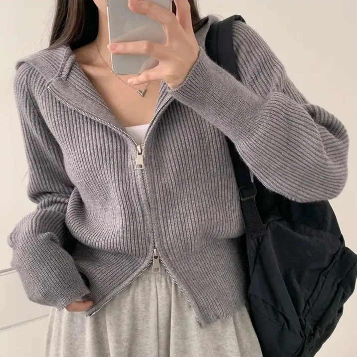 Chic Lazy Sle Hooded Thiened Knitted Open Cardigan Zipper Design Collar Sweater for Women Autumn Winter New Arrival