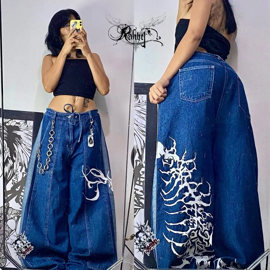 

2024 New High Waisted Baggy Jeans Women Oversized Pattern Print Blue Slouchy Straight Wide Leg Pants Goth Harajuku Streetwear