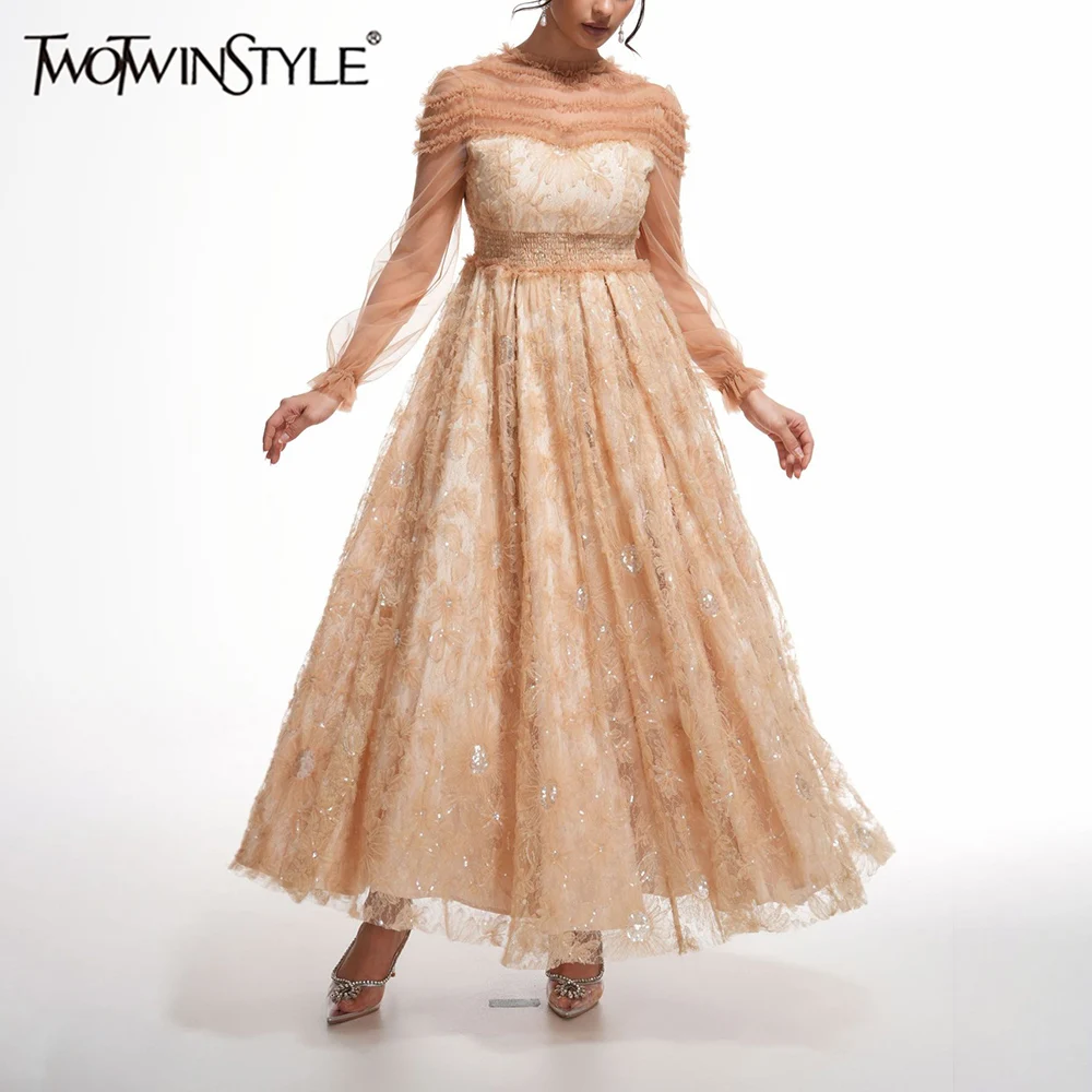 

TWOTWINSTYLE Solid Slimming Spliced Mesh Midi Dresses for Women Round Neck Long Sleeves Patchwork Sequins Dress Female Clothing