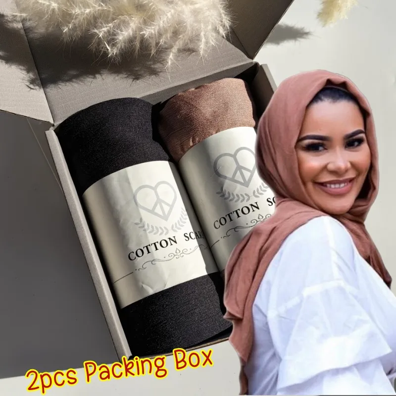 2pcs Scarf Box Packing Pleated Rayon Cotton Scarves Micro Crinkle Soft Cotton Long Shawl Headscarf Muslim Women Hijab