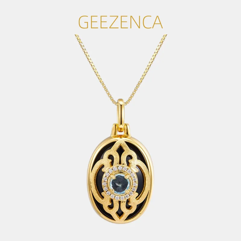 

GEEZENCA 925 Silver Goldplated Onyx Prehnite Topaz Oval Pendant Women CZ Simple Trendy Geometric Necklace Pendants Without Chain