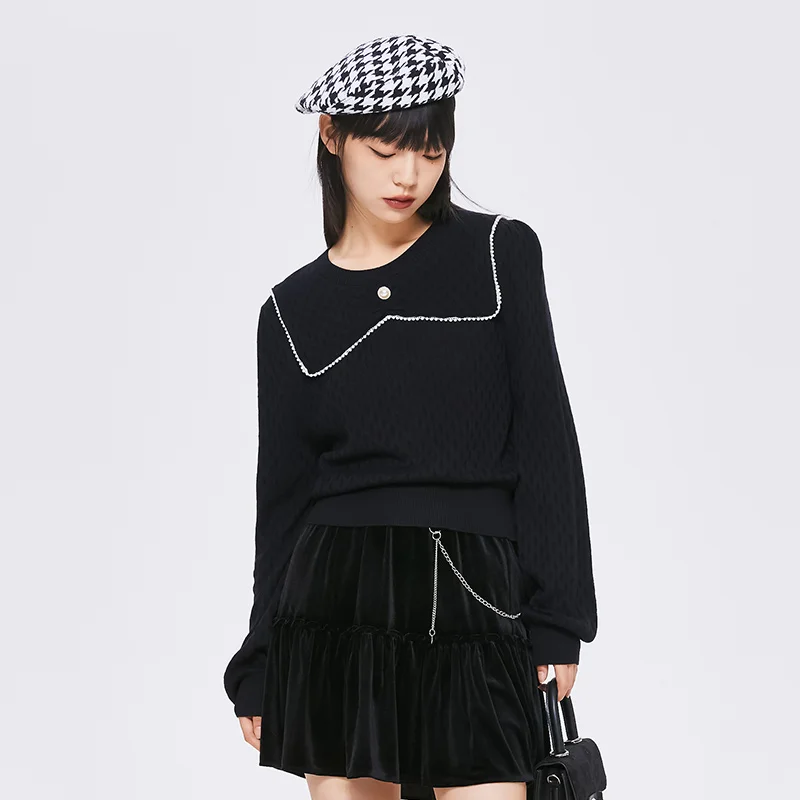 Semir Knitwear Women Short Black Jacquard Lapel Puff Sleeves 2022 Autumn New Elegant Girls Bottoming Sweater