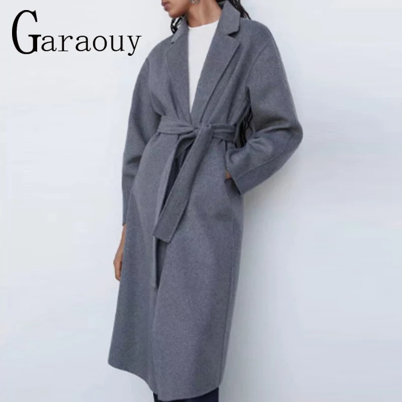 Garaouy outono inverno feminino básico lapela sólida cinto casaco de lã feminino casual commuter outwear solto midi comprimento jaqueta casaco