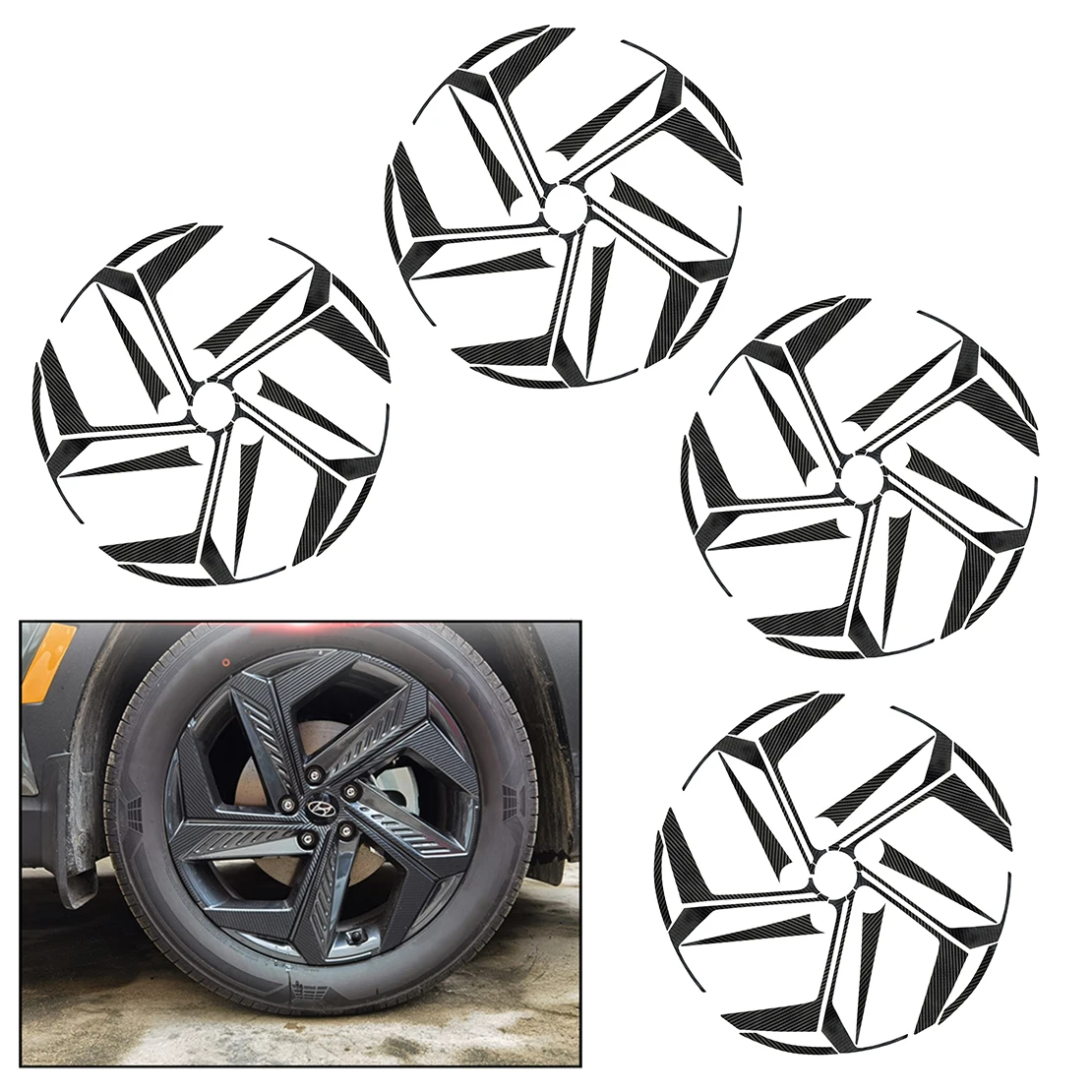 

4 Wheels/Set Left Right Front Rear Wheel Hub Sticker Trim Decor Plastic Black Carbon Fiber Style Fit for Hyundai Tucson 2022