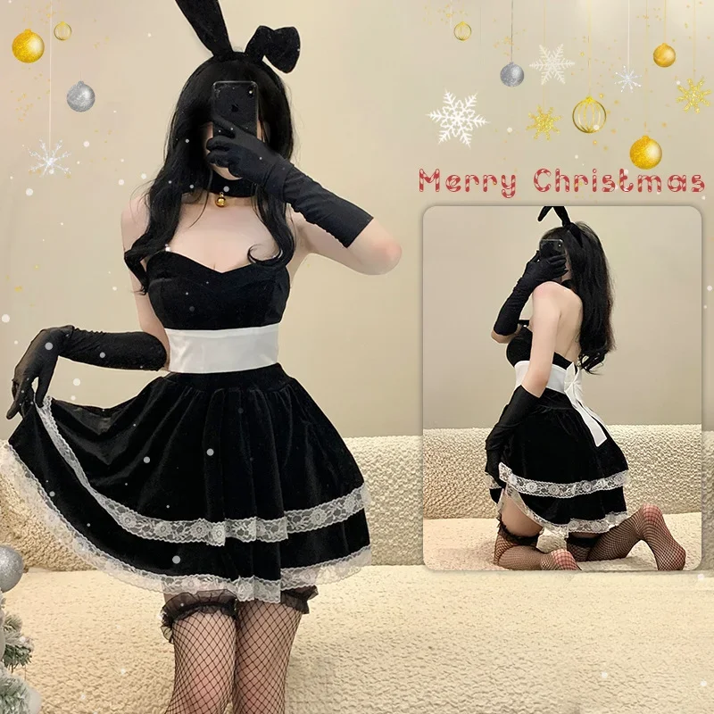 Uniforme de lapin en peluche sexy de Noël pour filles, costume de cosplay, robe rouge en velours, chemise de nuit du nouvel an, tenues de jeu en plis, sous-vêtements pour filles