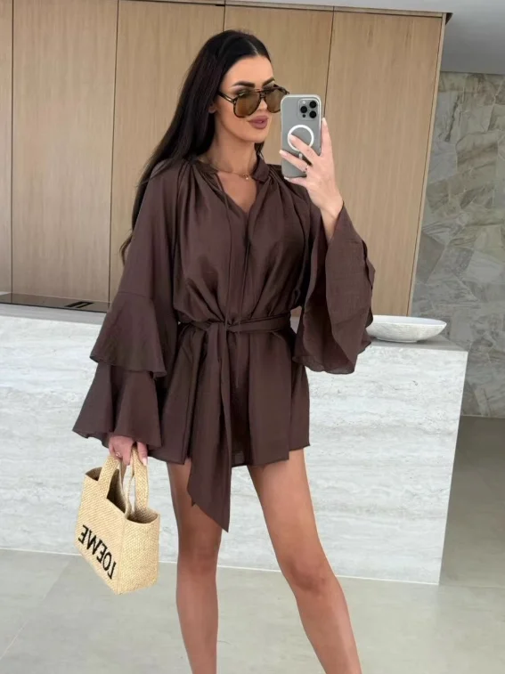 Pink V-ne Loose Long Sve Dr with Belt Autumn New Sle Faionable ort Skirt Commute Simple High Waist Polyester Fiber