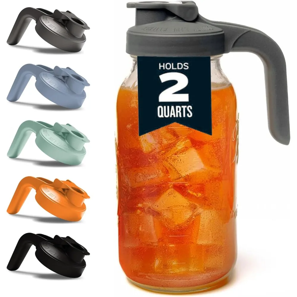 

Стеклянный кувшин Mason, 64 унции с крышкой - 2 литра, с широким горлышком - герметичный, сверхпрочный - для чая со льдом, холодного заваривания, воды - серый